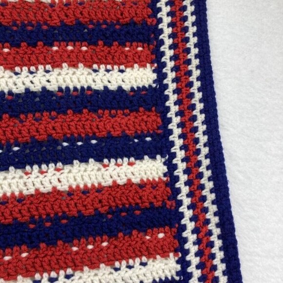 Vintage Crocheted Afghan 54" x 38"Throw Blanket Patriotic Red White Blue - Picture 10 of 11
